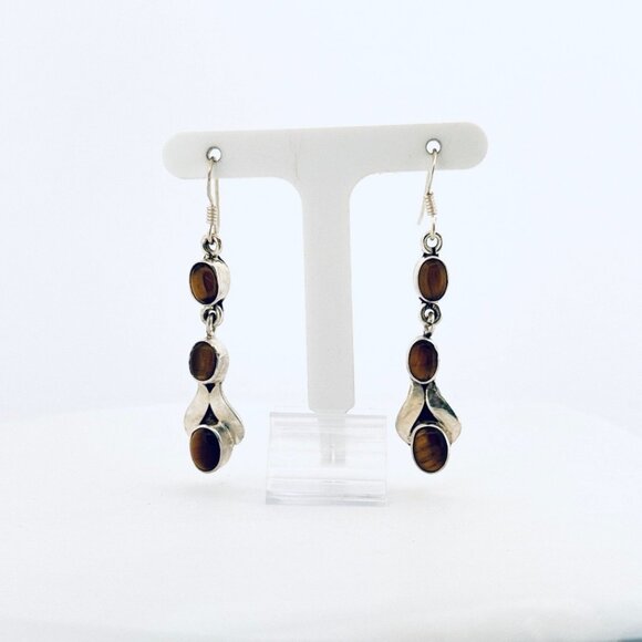 925 Sterling Silver Drop Dangle Earrings with Tiger's Eye Gemstones, Hook Back - Picture 2 of 11